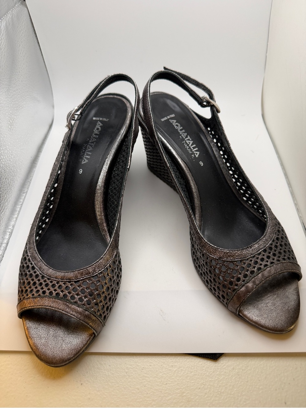 Aquatalia Metallic Pewter Open-Toe Wedge Slingbacks